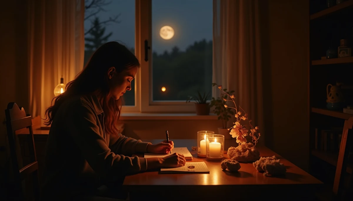 Woman writing in a journal by candlelight during new moon with crystals on desk