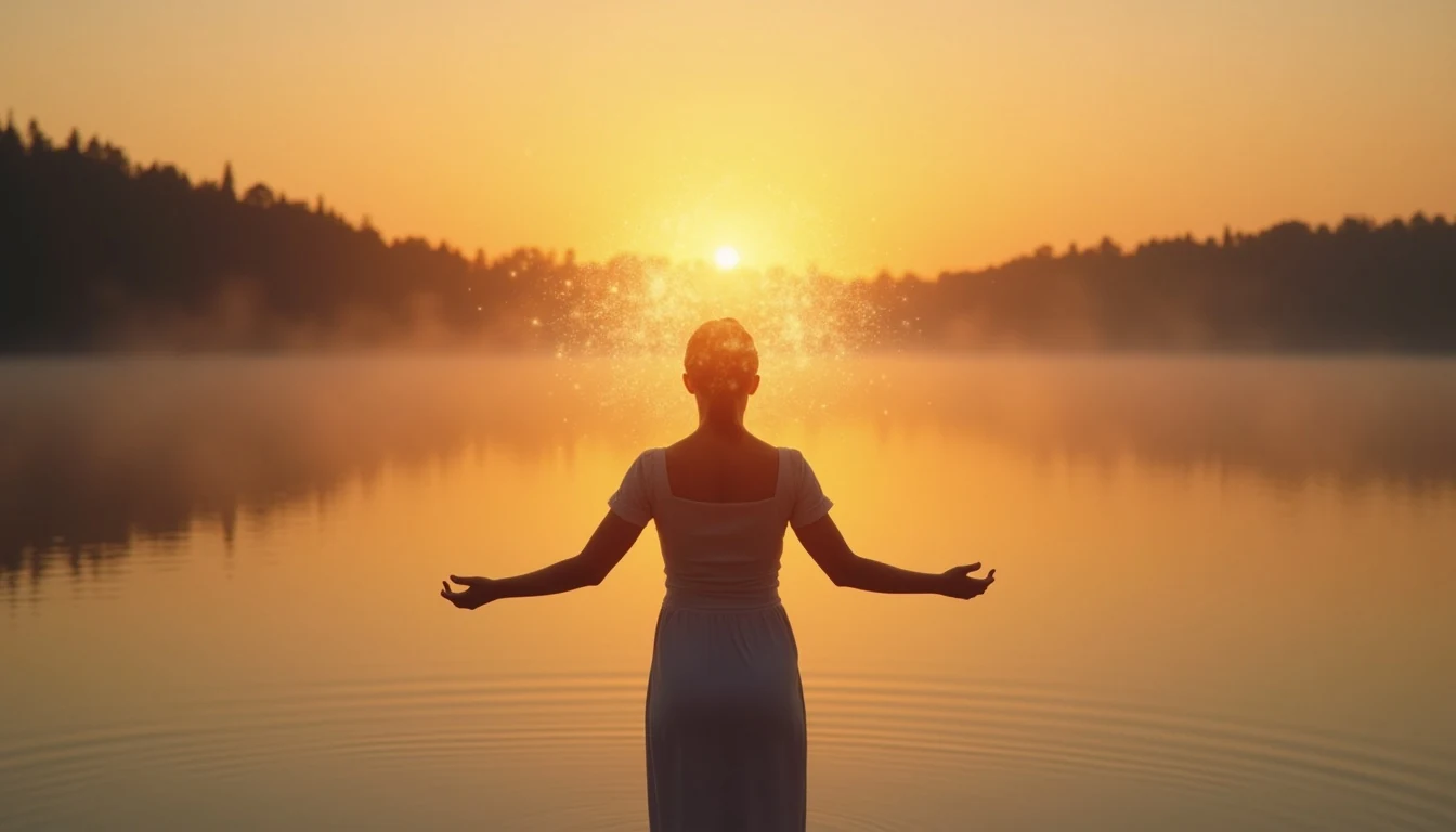 Person releasing glowing light particles at sunrise, symbolizing the practice of non-attachment and letting go of control