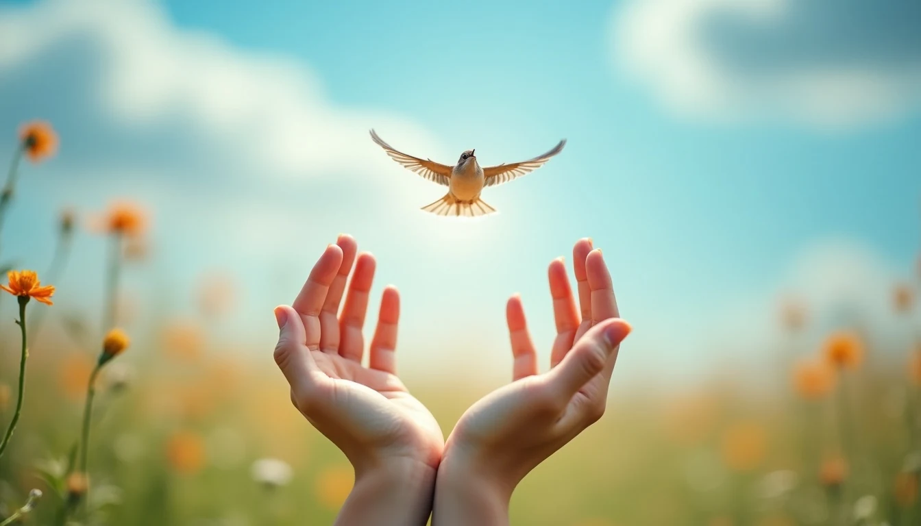 Freedom Through Non-Attachment Hands releasing a bird into open sky - symbolizing freedom through non-attachment and letting go