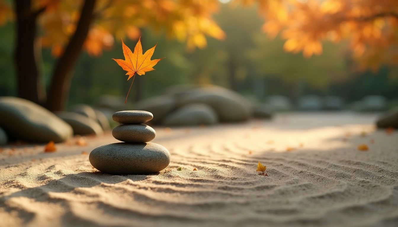 The Beauty of Impermanence Zen garden with raked sand and falling autumn leaf - representing impermanence and the beauty of letting go