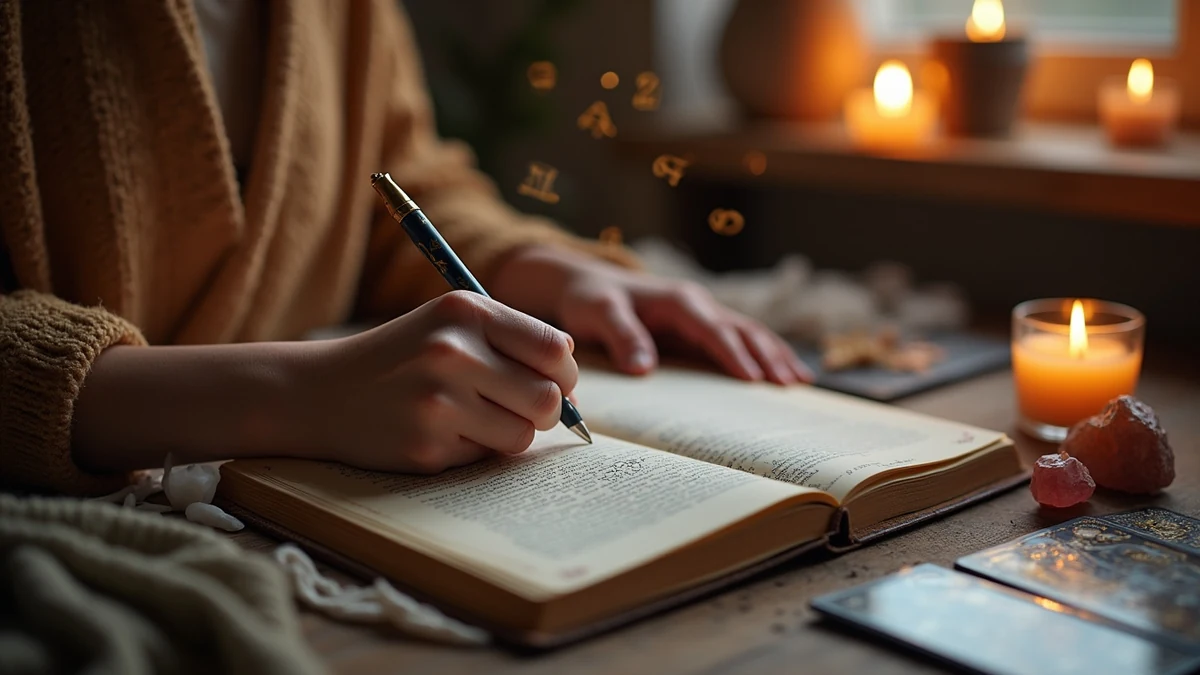Calculating Your Life Path Number in a Journal Person writing in a journal with mystical numbers for numerology life path calculation