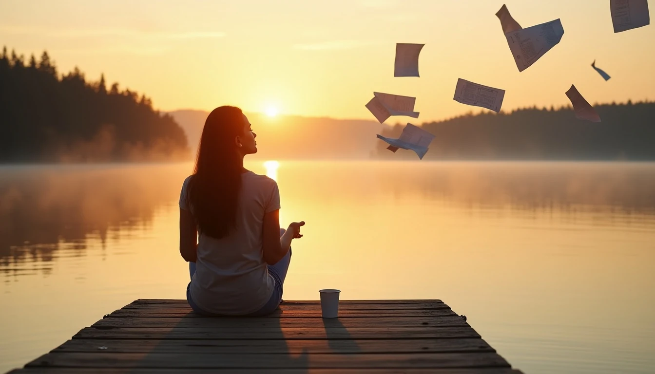 Person releasing papers into the wind by a peaceful lake at golden hour, symbolizing the power of surrender and letting go of control