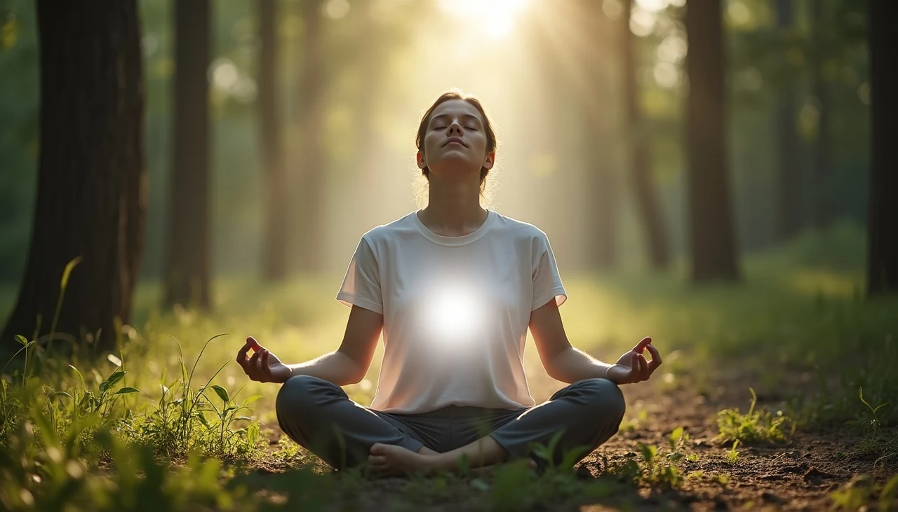 Person meditating in forest with white light radiating from heart pushing away dark energy