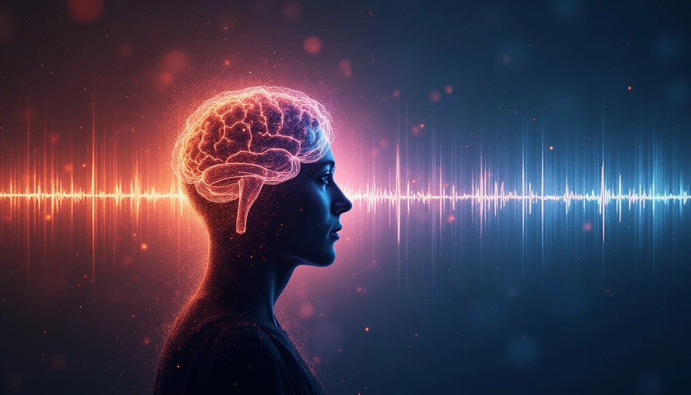 Sound frequencies and brain waves visualization with human silhouette