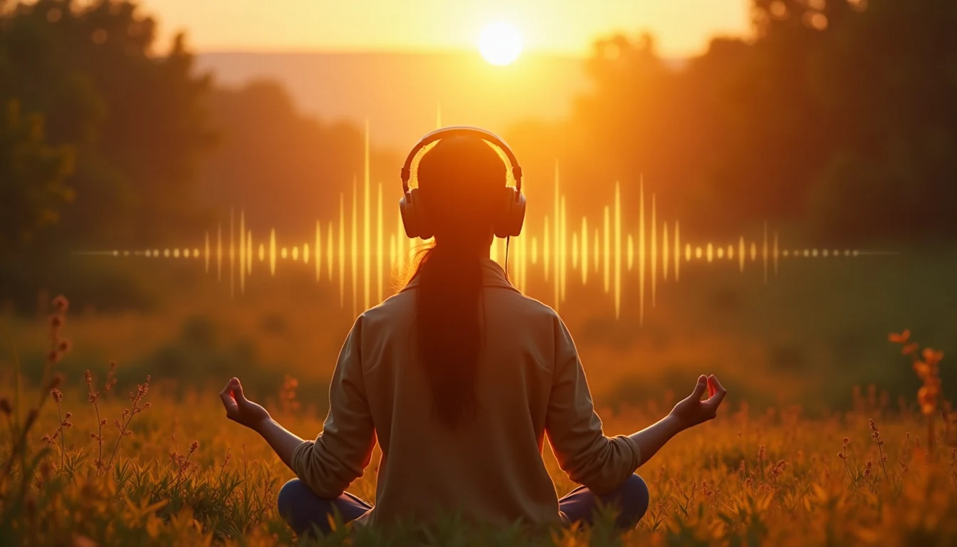 Person meditating with sound frequencies in nature setting