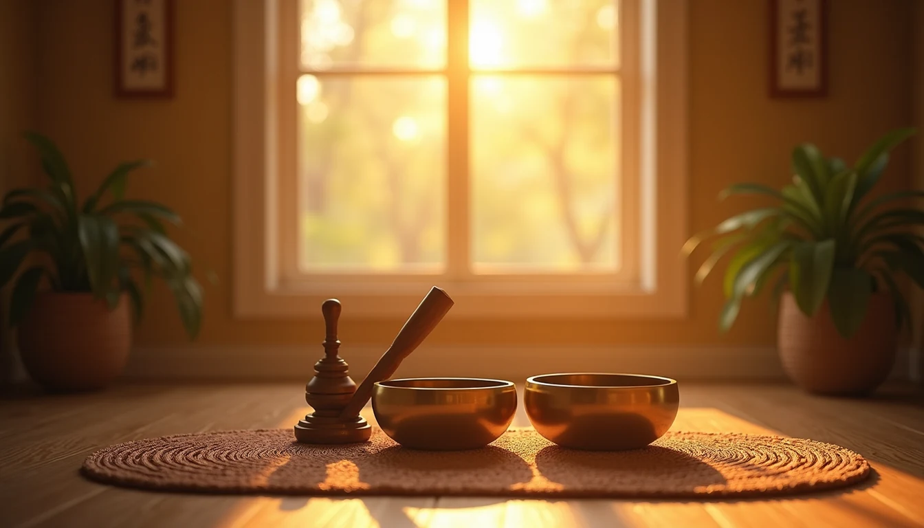 Solfeggio frequencies sound healing singing bowls in meditation space