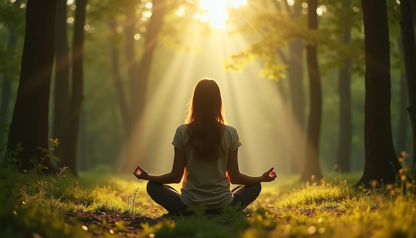 Meditating with open hands in surrender within a peaceful forest clearing A person meditating in a tranquil forest clearing with dappled sunlight through trees, open hands facing upward in a gesture of surrender and acceptance