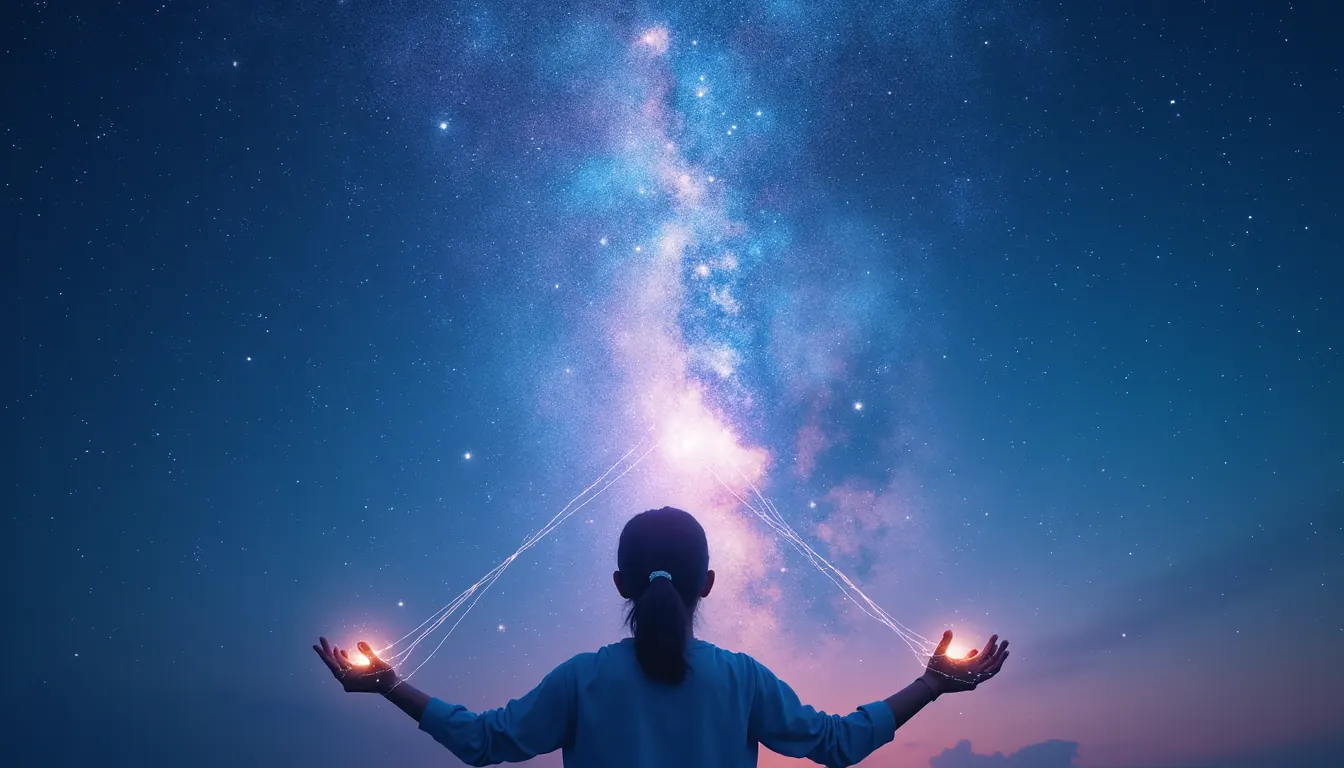 Releasing control and trusting the universe Abstract visualization of a person releasing glowing threads into a vast starry sky, representing surrender and trusting the universe
