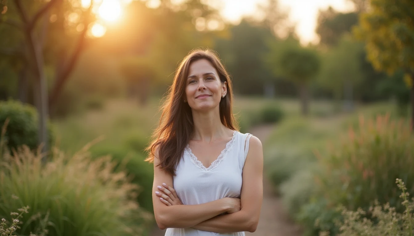 Woman standing peacefully at a garden boundary symbolizing how to set boundaries without guilt