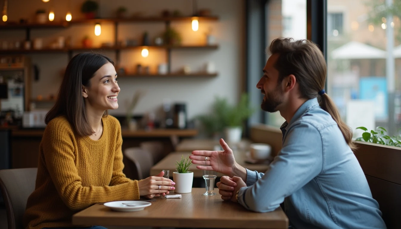 Two people having a calm and respectful conversation about personal boundaries in a warm cafe setting