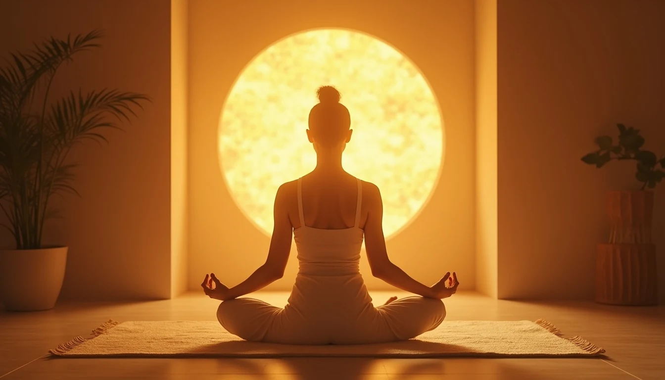 Person meditating peacefully within a warm circle of light representing protective energy boundaries