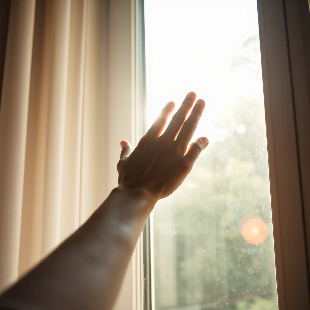 A hand reaching out to open a window with soft daylight pouring in