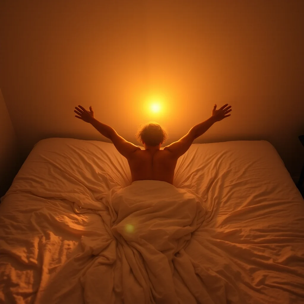 A person rising from bed at sunrise, stretching toward the light