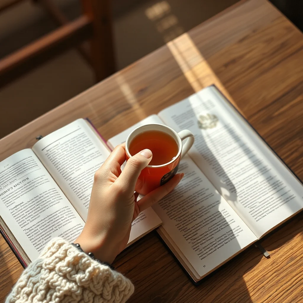 Hands cradling a warm mug of tea beside an open journal in soft morning light