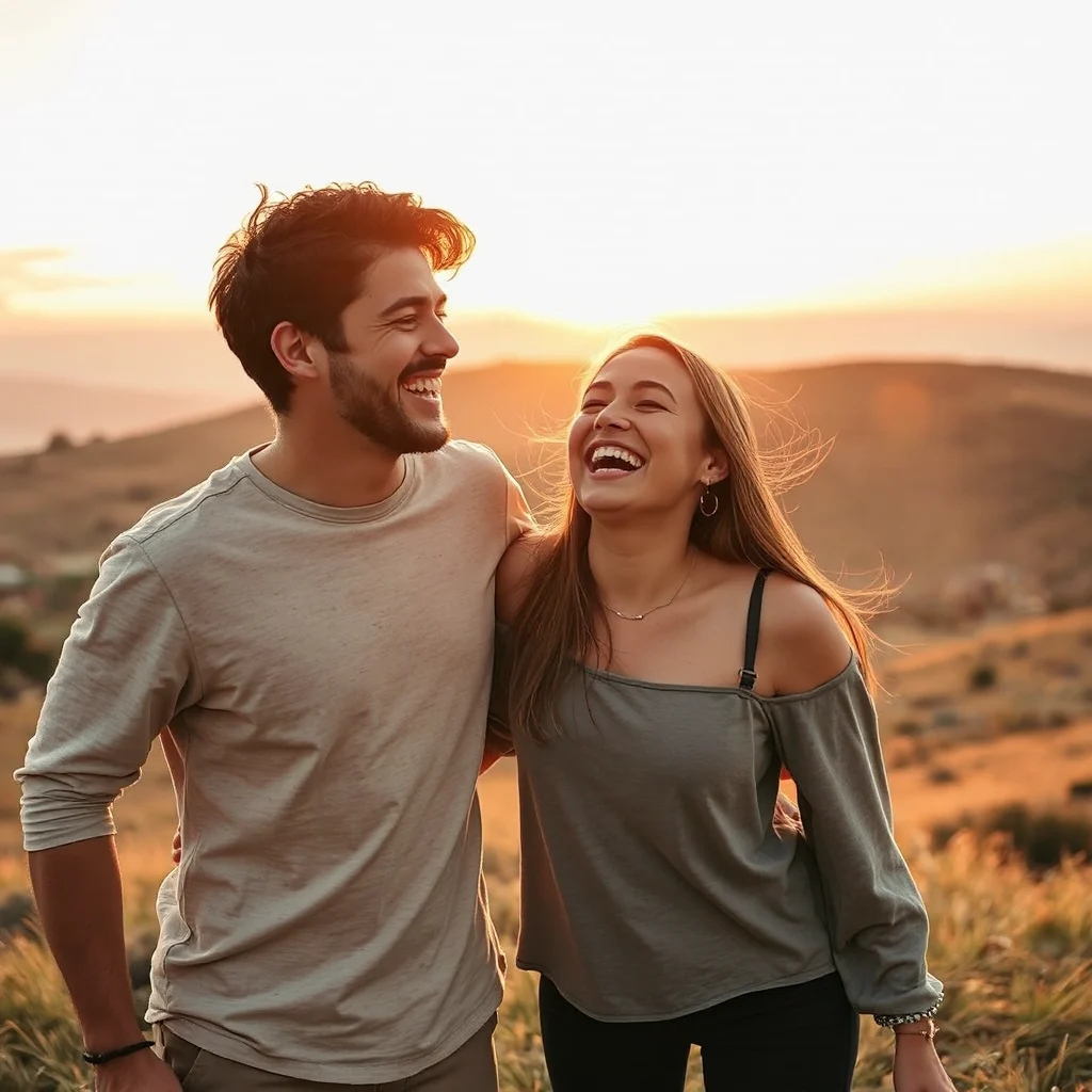Two friends laughing together on a hillside at sunset