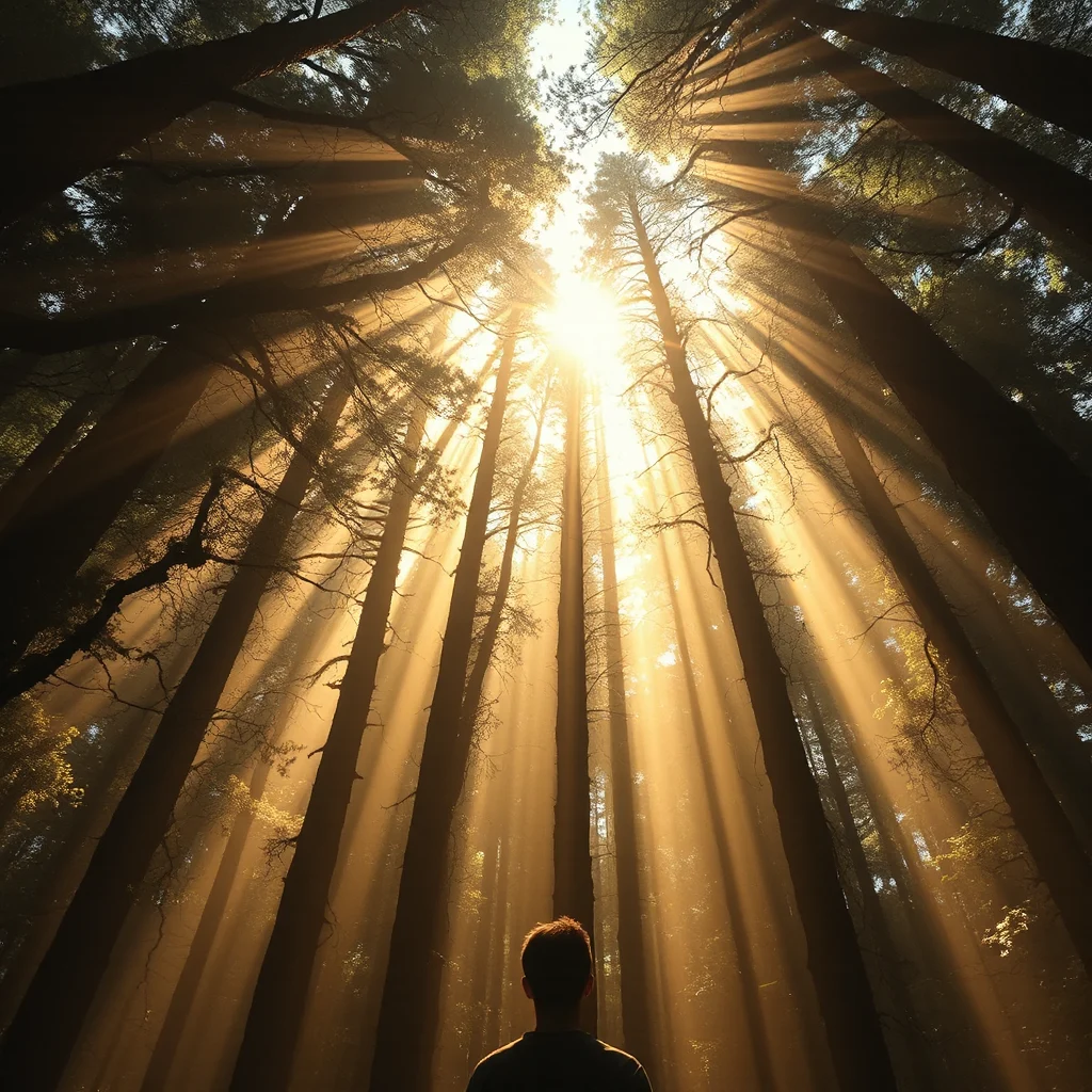 Sunlight streaming through a towering ancient forest as a person gazes up in quiet wonder