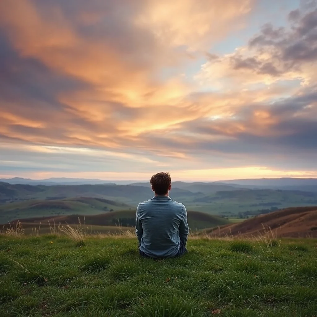 A calm person sitting on the grass at dawn watching a wide open landscape under a dramatic sky